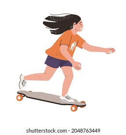 Teenager girl riding skateboard at fast speed. Young happy skater on skate board. Cool active skateboarder. Modern person on longboard. Flat vector illustration isolated on white background