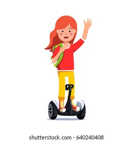 Teenager girl riding a standing modern and futuristic electric self-balancing gyroboard scooter transporter with knee support. Kid enjoying ride. Flat style vector illustration isolated on white.