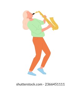 Teenager girl saxophonist cartoon musician character playing musical instrument isolated on white