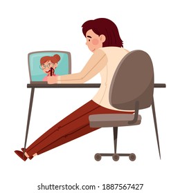 Teenager Girl as School Student During Online Class or Lesson in Front of Laptop Vector Illustration