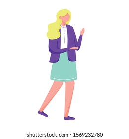 Teenager girl in school uniform flat vector illustration. Active sociable student. Full body gesturing long hair blonde young woman isolated cartoon character on white background