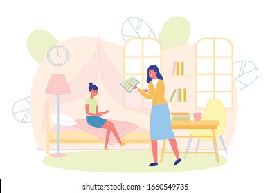 Teenager Girl Sitting on Bed in her Room and Mother Holding Diary with Bad Grades and Swearing Flat Cartoon Vector Illustration. Daughter Does not Studying Well at School. Amngry Mom.