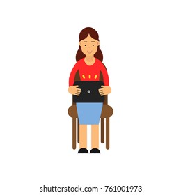 Teenager girl sitting on a chair working with laptop, female student using electronic device vector Illustration