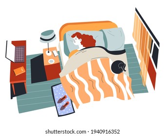 Teenager girl sleeping in bed covered with blanket. Woman with cat laying on sofa. Interior of room or dormitory of student. Table with laptop and notebook, bright lamp. Vector in flat style