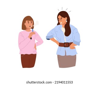 Teenager girl smokes electronic cigarette, angry excited mother standing near daughter. Nicotine addiction in adolescents concept. Flat vector illustration isolated on white background