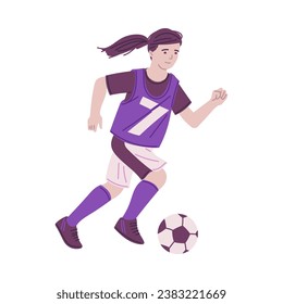 Teenager girl soccer player, vector illustration isolated on white background. Young woman in sports uniform playing football, run after ball. Bright color image, drawn in cartoon flat style