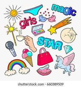 Teenager Girl Style Doodle with Rainbow, Unicorn and Ice Cream. Vector illustration