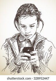 Teenager girl using smart phone, Vector sketch, Hand drawn illustration