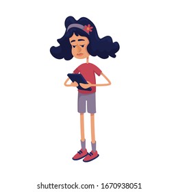 Teenager girl using tablet, phone flat cartoon vector illustration. Preteen kid addicted to gadget. Ready to use 2d character template for commercial, animation, printing design. Isolated comic hero