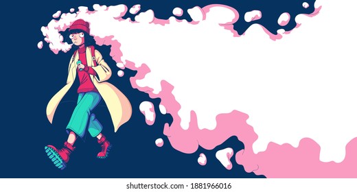 Teenager girl vaper walking and smoke vape. Vaping woman. Alternative to smoking. Quit smoking. Healthy lifestyle. Vector illustration in colorful cartoon style. Horizontal banner with place for text 
