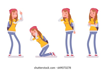 Teenager girl wearing beanie and messenger rucksack, casual slim fit, negative emotions, bullying, suffering, emotional disorder, vector flat style cartoon illustration, isolated, white background