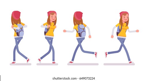 Teenager Girl Wearing Cute Beanie And Urban Messenger Rucksack, Casual Slim Fit Dressing, Walking And Running Pose, Front, Rear View, Vector Flat Style Cartoon Illustration, Isolated, White Background