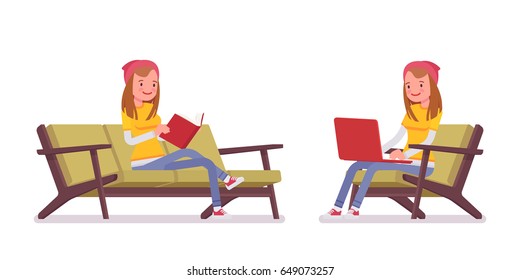 Teenager girl wearing cute beanie and urban casual slim fit dressing, sitting pose, front, resting at the sofa, working with laptop, vector flat style cartoon illustration, isolated, white background