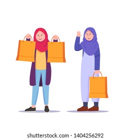 Teenager Girl wearing Hijab Shopping, Cartoon Illustration.