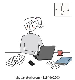 Teenager girl working hard in office hours. Busy businesswoman working to finish her many tasks. Workaholic concept with clock and woman working on laptop. Vector illustration with hand-drawn style.