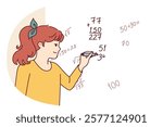 Teenager girl writes complex mathematical formulas on blackboard solving problems from higher mathematics or algebra. Little child prodigy schoolgirl participates in math olympiad.