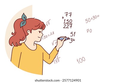 Teenager girl writes complex mathematical formulas on blackboard solving problems from higher mathematics or algebra. Little child prodigy schoolgirl participates in math olympiad.