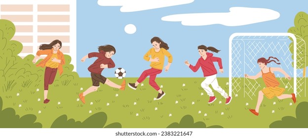 Niñas adolescentes jugando fútbol, ilustración vectorial. Mujeres jóvenes en un césped afuera o en un parque con hierba verde corren después de una pelota de fútbol. Deportes al aire libre. Colores brillantes, dibujados en estilo plano de caricatura