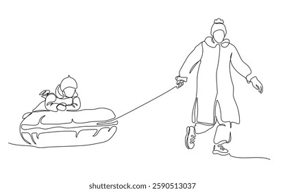 Teenager girls pulling tube with child boy. Leisure activity in snow winter season. Continuous line drawing. Black and white vector in line art style.