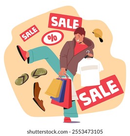 Teenager guy cartoon character carrying purchases in bags rejoicing holidays sale at clothing and store boutique. Summertime seasonal attire and footwear shopping with discount vector illustration