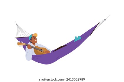 Teenager guy cartoon character playing guitar lying in hammock rest outdoors vector illustration