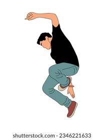 Teenager guy dancer hip hop, breakdance outline vector drawing isolated on white background. Cool boy dancing street dance in bright clothes. Korean japanese asian cartoon style