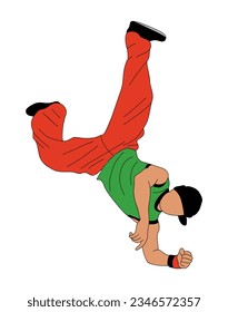 Bailarín de hip hop adolescente, dibujo vectorial de contorno de ruptura aislado en fondo blanco. Un chico genial bailando en la calle con ropa brillante. Estilo de caricatura asiático coreano