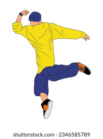 Teenager guy dancer hip hop, breakdance outline vector drawing isolated on white background. Cool boy dancing street dance in bright clothes. Korean japanese asian cartoon style