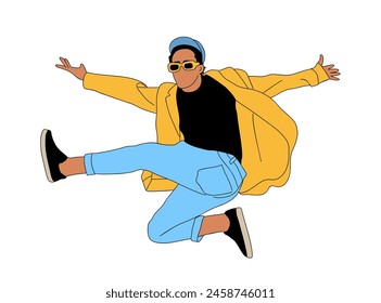 Adolescente chico bailarín hip hop, breakdance coloreado contorno de dibujo de Vector sobre fondo blanco. Joven chico genial bailando boceto de baile callejero. Coreano japonés asiático estilo de línea delgada.