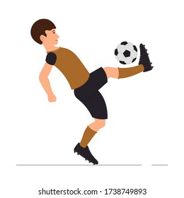 Teenager guy plays football, soccer player, man kicks a soccer ball vector illustration in cartoon style