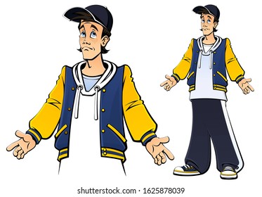 Teenager guy, schoolboy, student. In a baseball jacket and a university jacket. In full growth. A set of images. Comic book style.