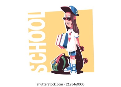 Teenager guy with skateboard vector illustration. School kid with books, backpack and skate flat style. Funny outdoor activity after study. Schoolboy concept. Isolated on white background