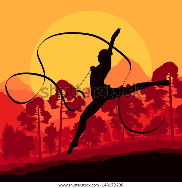 Teenager gymnastics with ribbon vector\
background landscape
