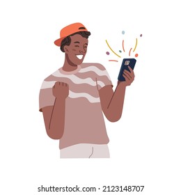 Teenager with happy expressions on face reading positive messages on smartphones. Vector good news, celebration of victory or triumph. Male personage reading email, communication online. Flat cartoon