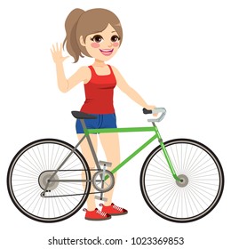Teenager happy girl standing with bicycle wearing summer casual clothes saluting waving hand