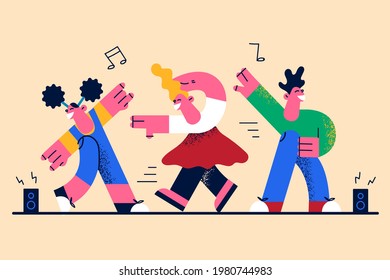 Teenager happy lifestyle outdoors concept. Group of young smiling friends teens cartoon characters dancing listening to music feeling excited and happy having fun vector illustration 