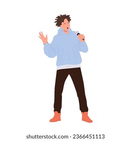 Teenager hipster guy vocal singer cartoon character performing with microphone isolated on white