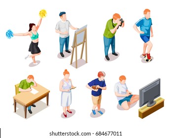 Teenager hobby free time lifestyle kids set of isolated children faceless characters during different leisure activities vector illustration 