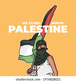 Teenager holding flag. We stand with Palestine Poster design vector illustration. Save humanity