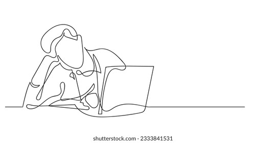 teenager holding head.expression tired of studying.student man lazy studying.continuous line vector isolated white background