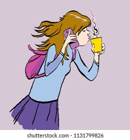 Teenager holding a phone and a cup of coffee. Girl speaking by a phone and drinking a coffee
