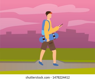 Teenager holding smartphone in hands walking with skateboard vector, teen character flat style. Weekends and hobby practicing, outdoors activities. Application game development scene