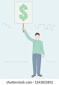 A teenager holds a banner. Vector illustration. The guy needs a salary