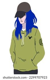 teenager in hoodie and cap in vector.man with long hair in cap in flat style for design.isolated guy with hands in pockets.youth culture.