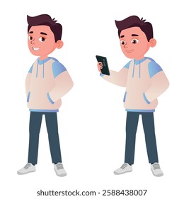 A teenager in a hoodie with a cell phone in his hand. Standing teenager in different poses	
