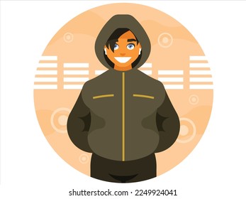 Teenager in a hoodie listening to music through wireless headphones. Vector graphics