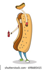 Teenager in a hot dog costume,Live food, vector image, cartoon character,Street food, fast food