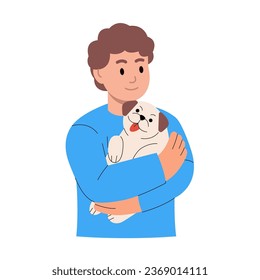 Teenager hugging little dog pet. Smiling boy petting domestic animal. Friendship between child and pet. Cute friendly pug. Vector illustration.