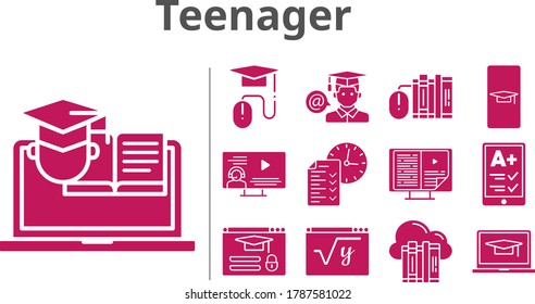 teenager icon set. included test, student, maths, training, login, cloud, ereader, books, ebook, instructor, elearning icons. filled styles.