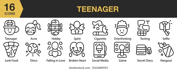 Teenager icon set. Includes acne, hobby, cigarette, game, falling in love, and More. Outline icons vector collection.